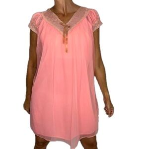 Vintage 60s Queentex coral chiffon beige lace babydoll nighty M